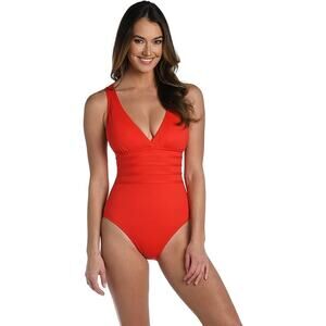La Blanca Island Goddess Multi-Strap Cross-Back One‎ Piece Red Tummy Cntrl Sz 14